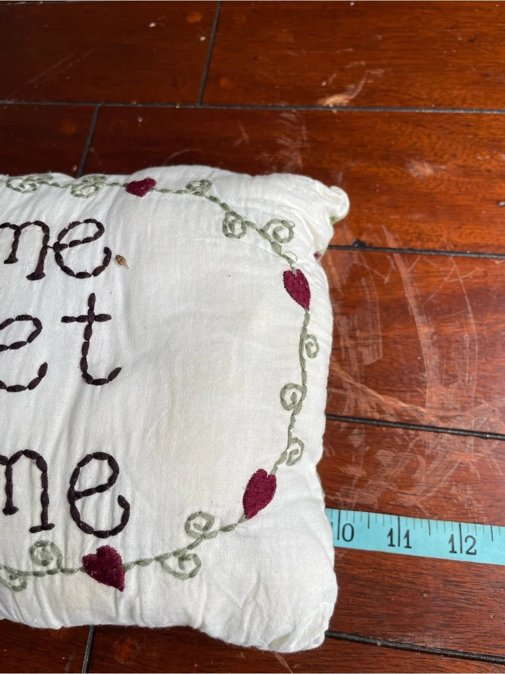 Home Sweet Home Embroidered Throw Pillow - Cream with Burgundy Accents